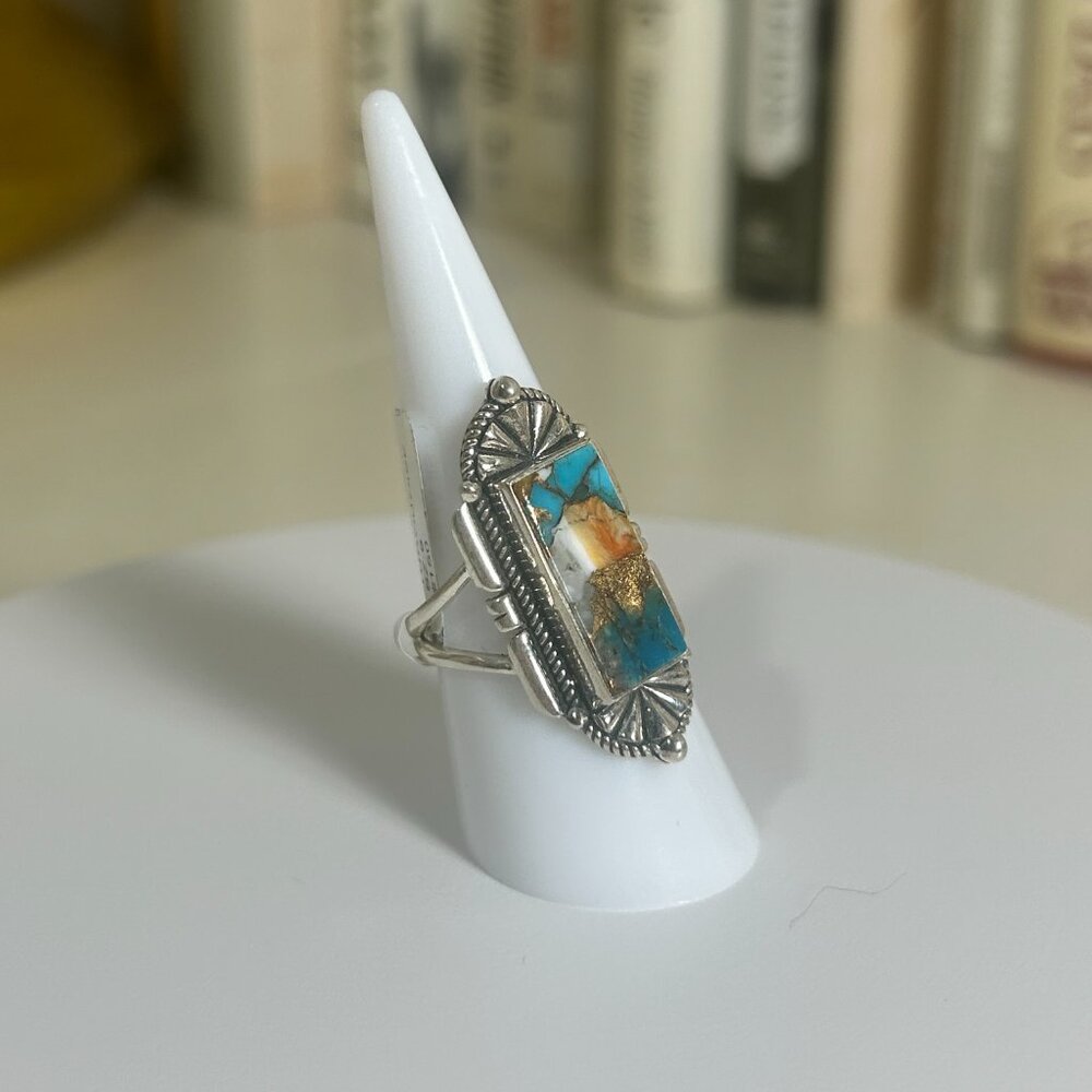 💍 Spiny Turquoise Ring Sterling Silver - Art Deco Setting Style - Sz: 8